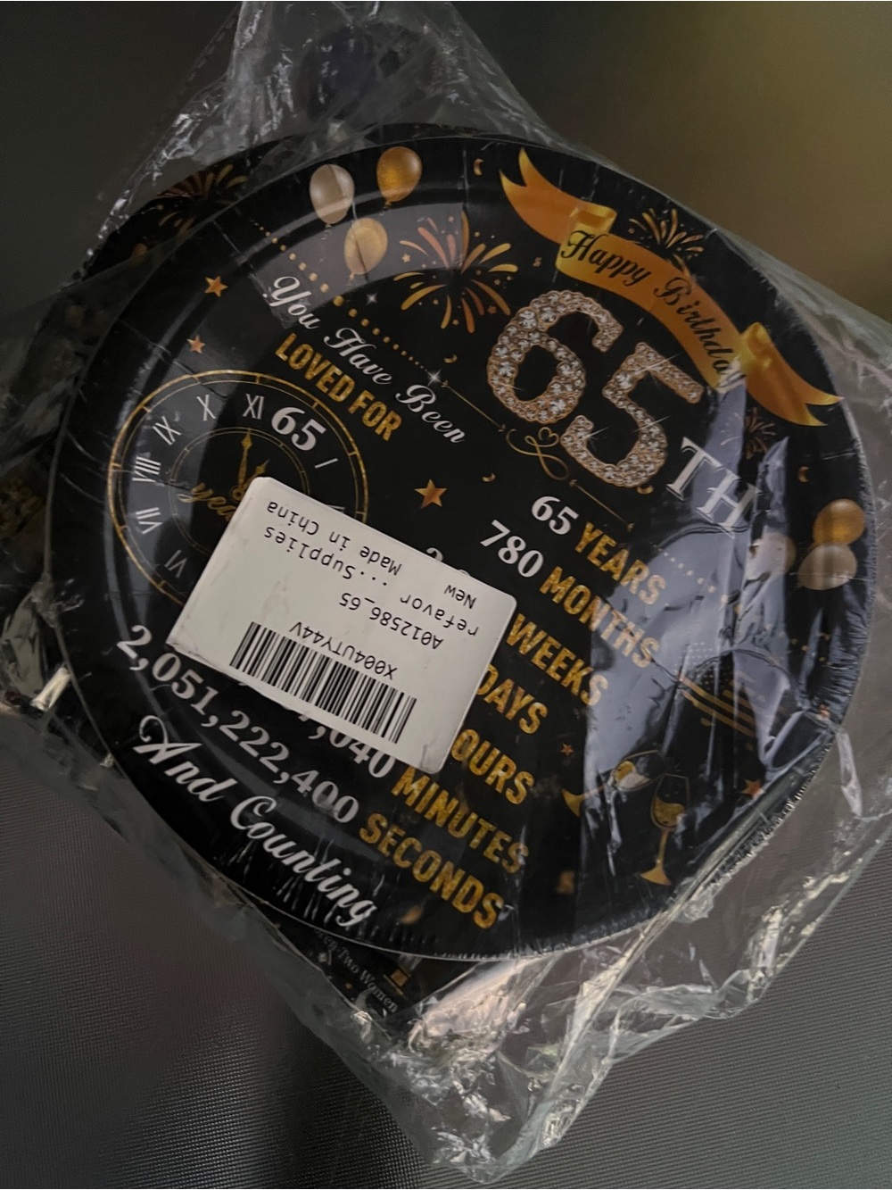 65th Birthday Party Supplies - Black and Gold